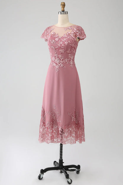 Dusty Rose A-Line Tea-Length Mother of the Bride Dress With Appliques