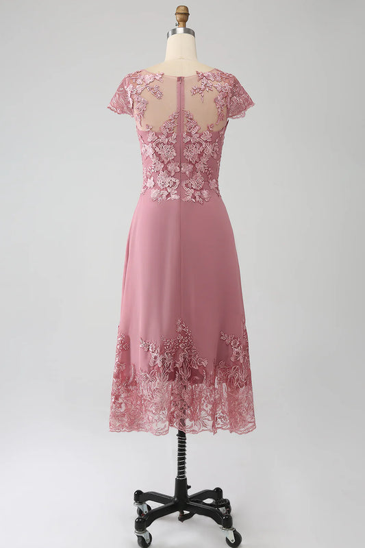 Dusty Rose A-Line Tea-Length Mother of the Bride Dress With Appliques