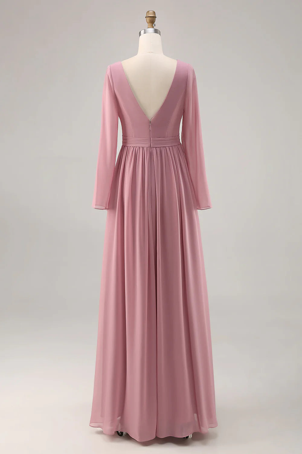Dusty Rose A Line Long Sleeves Ruched Bridesmaid Dress with Slit