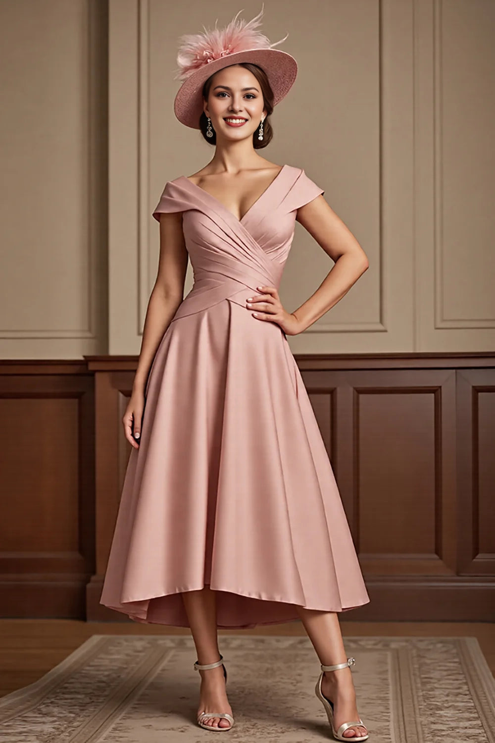Dusty Rose A Line V Neck Midi Mother Of Bride Dress