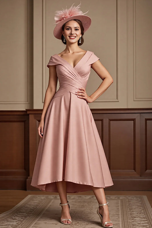 Dusty Rose A Line V Neck Midi Mother Of Bride Dress