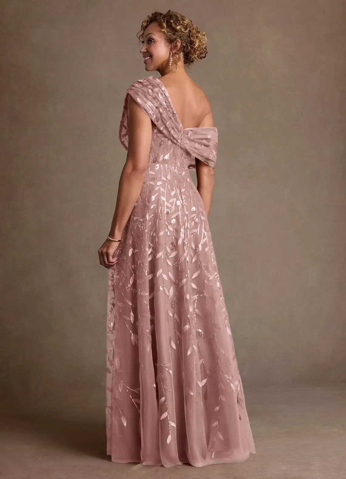 Dusty Rose Metallic Leaf One-Shoulder A-Line Maxi Evening Dresses