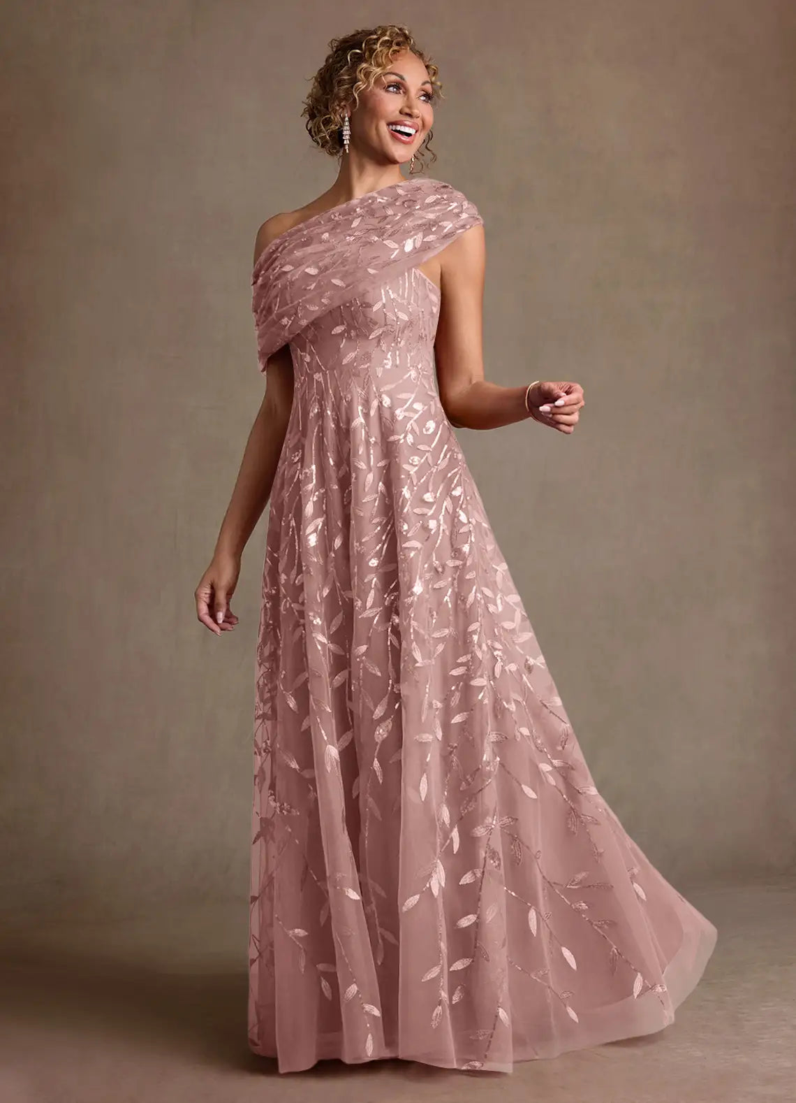Dusty Rose Metallic Leaf One-Shoulder A-Line Maxi Evening Dresses