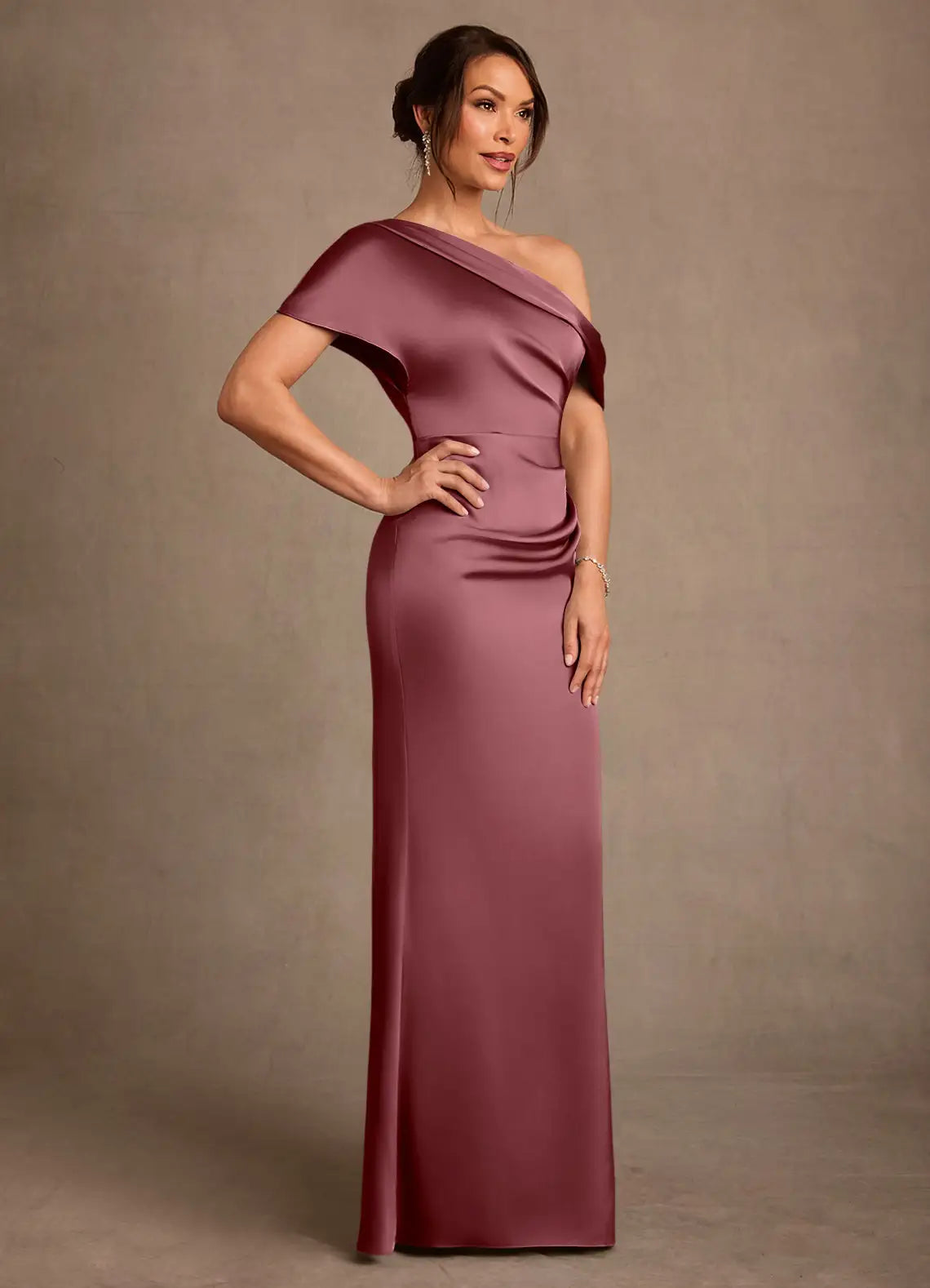 Dusty Rose One-Shoulder Draped Satin Mermaid Maxi Evening Dresses
