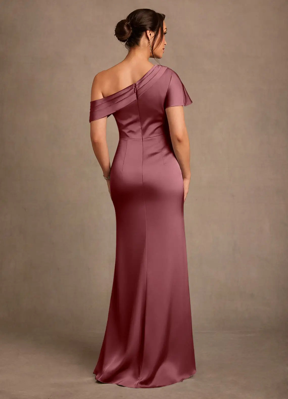 Dusty Rose One-Shoulder Draped Satin Mermaid Maxi Evening Dresses