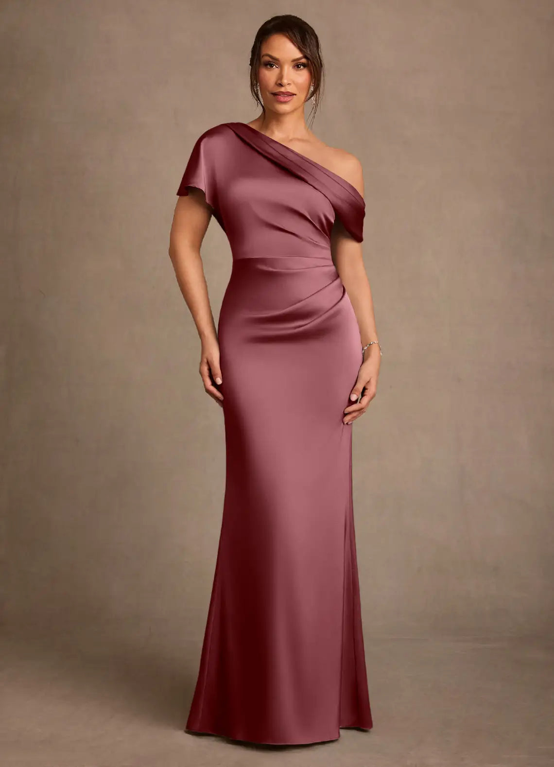 Dusty Rose One-Shoulder Draped Satin Mermaid Maxi Evening Dresses