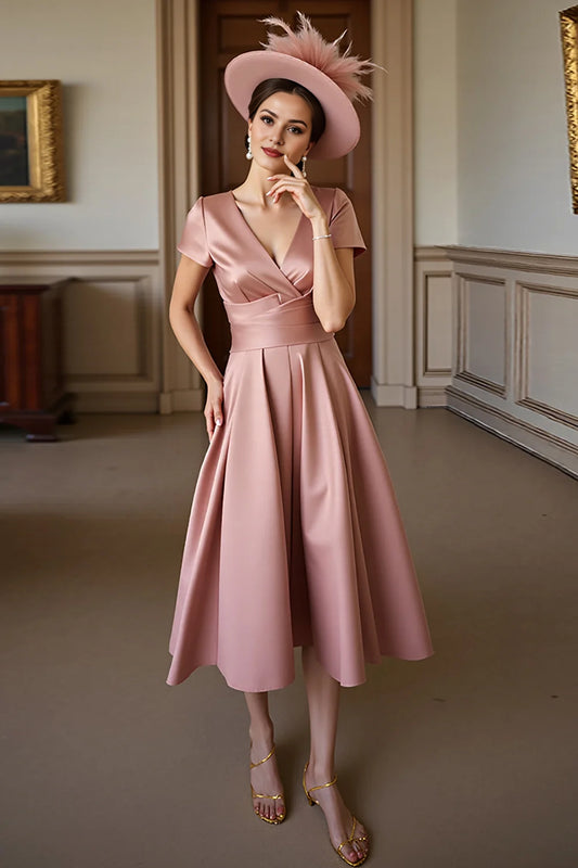 Dusty Rose Satin A Line V Neck  Mother Of Bride Dress