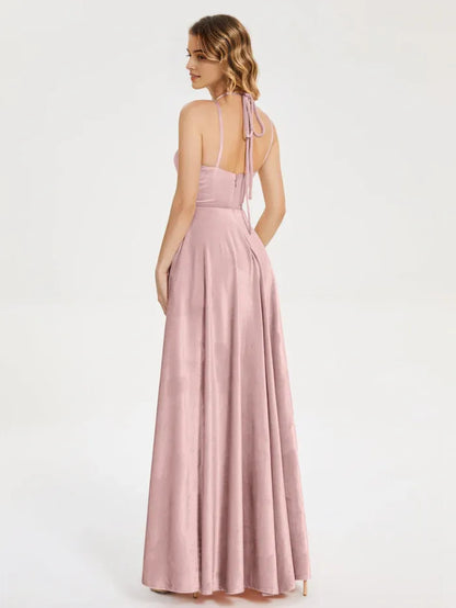 Dusty Rose Satin Halter Neck V-neck Straps with Slit Prom Dress with High Side Slit and Flowy A - Line Skirt