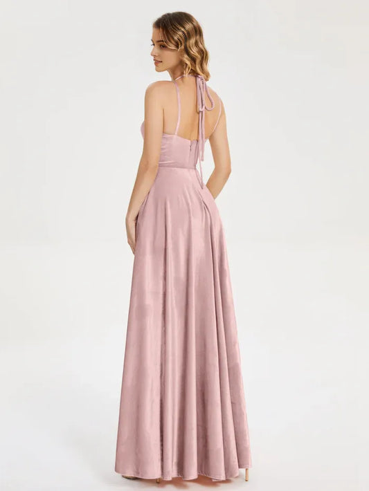 Dusty Rose Satin Halter Neck V-neck Straps with Slit Prom Dress with High Side Slit and Flowy A - Line Skirt