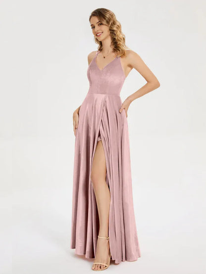 Dusty Rose Satin Halter Neck V-neck Straps with Slit Prom Dress with High Side Slit and Flowy A - Line Skirt
