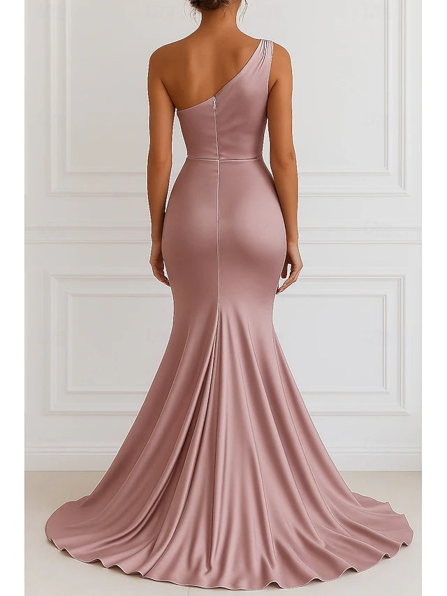 Dusty Rose Satin One Shoulder Mermaid Train Maxi Evening Dresses