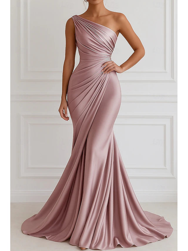Dusty Rose Satin One Shoulder Mermaid Train Maxi Evening Dresses