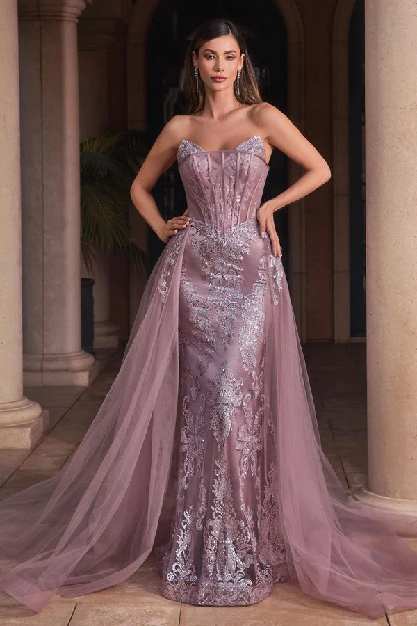 Dusty Rose Sequin Lace Strapless Corset Tulle Overlay Maxi Evening Dresses