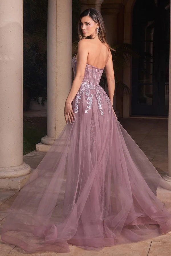 Dusty Rose Sequin Lace Strapless Corset Tulle Overlay Maxi Evening Dresses