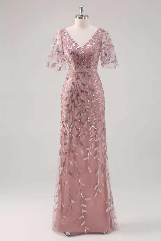 Dusty Rose Sheath V Neck Sequin Mother of the Bride Dress with Short Sleeves