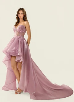 Dusty Rose Strapless Beaded High Low Maxi Evening Dresses