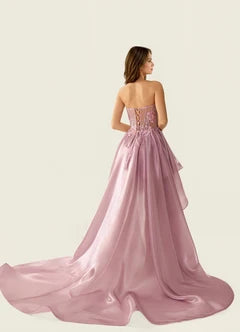 Dusty Rose Strapless Beaded High Low Maxi Evening Dresses
