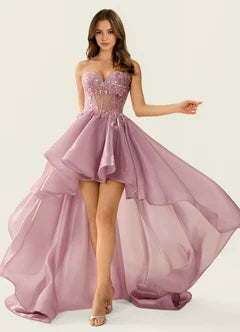 Dusty Rose Strapless Beaded High Low Maxi Evening Dresses