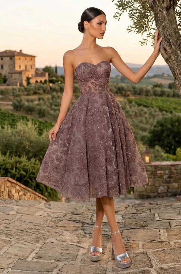 Dusty Rose Strapless Floral Sequin A-Line Midi Evening Dresses