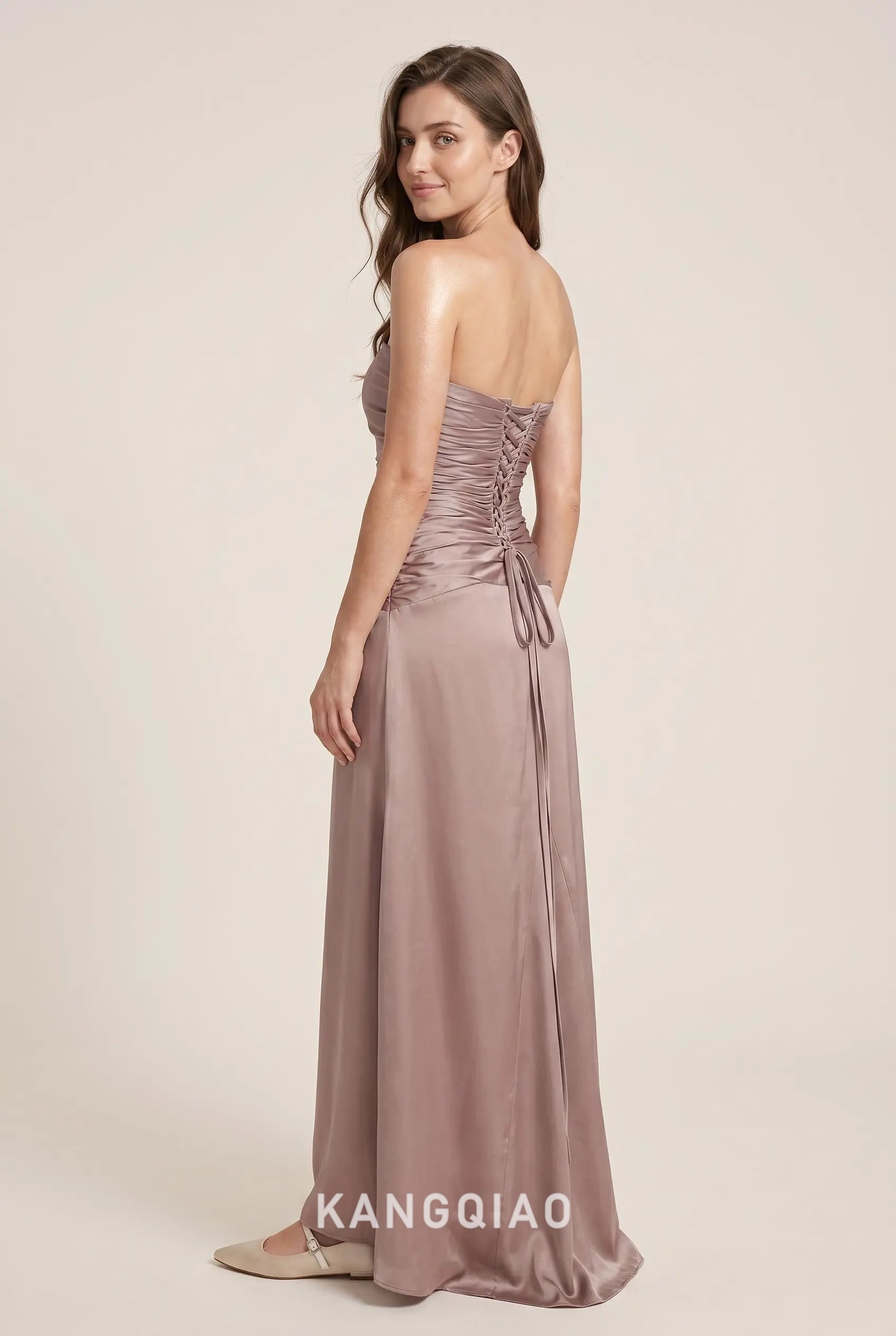 Dusty Rose Strapless Ruched Corset Lace Up Back Satin Floor Length Formal Evening Prom Dress