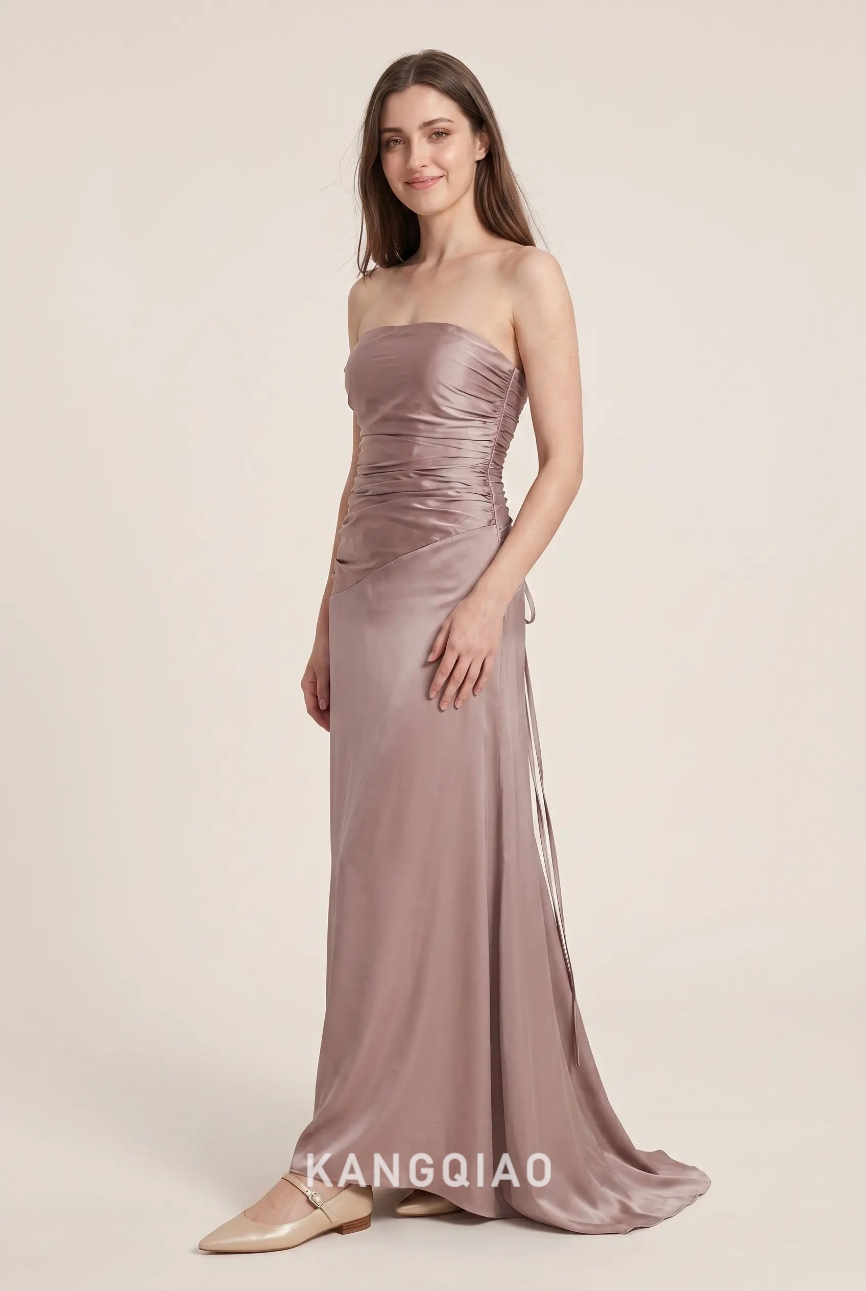 Dusty Rose Strapless Ruched Corset Lace Up Back Satin Floor Length Formal Evening Prom Dress