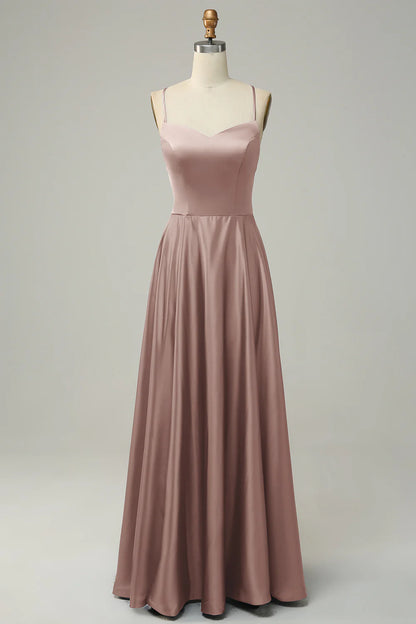 A-line thin suspender backless strap satin bridesmaid dress