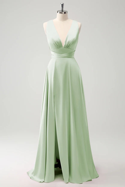 A-line deep V-neck backless strap long bridal dress
