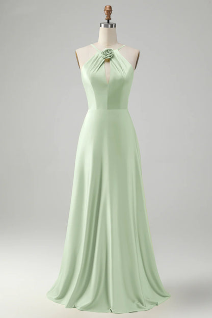 A-line hanging neck backless pleated long bridesmaid floral dress