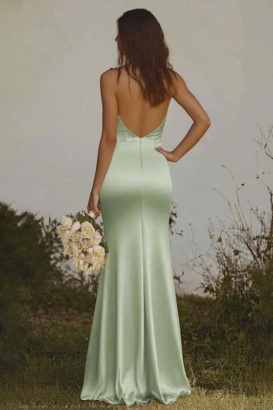 Hanging neck and exposed back mermaid suspender satin long dress