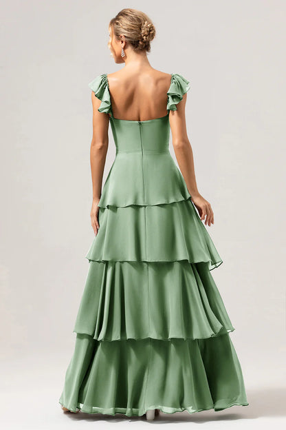 Eucalyptus A Line Off The Shoulder Tiered Long Bridesmaid Dress