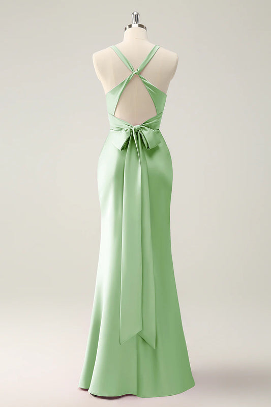 Mermaid Deep V Neck Pleated Backless Bridesmaid Dress with Lace Up Back
