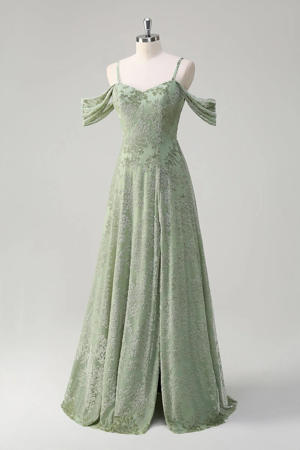 Dusty Sage A-Line Cold Shoulder Jacquard Long Bridesmaid Dress with Slit