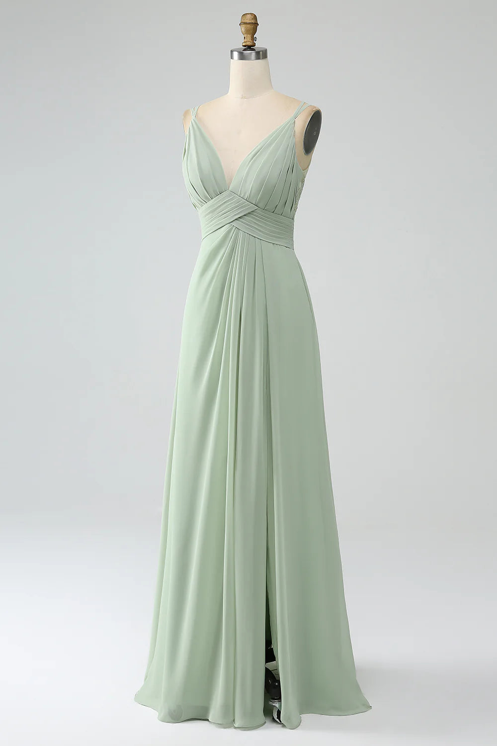 Dusty Sage A-Line Spaghetti Straps Pleated Chiffon Bridesmaid Dress