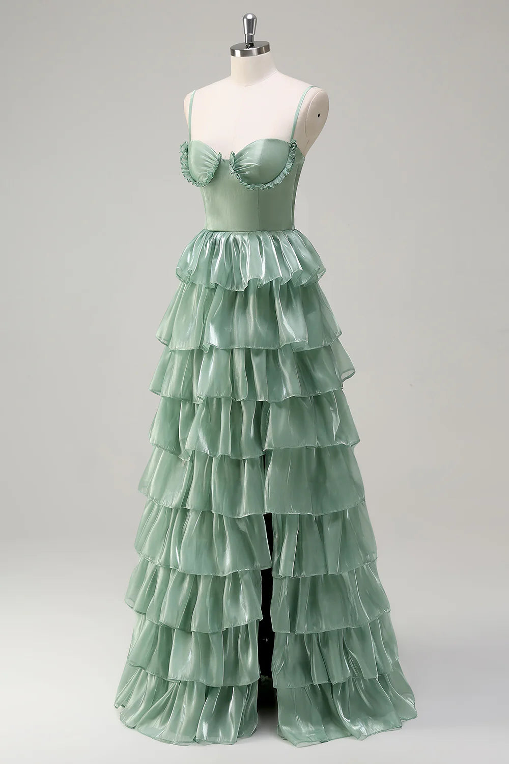 Dusty Sage A-Line Spaghetti Straps Tiered Corset Prom Dress with Ruffle Slit