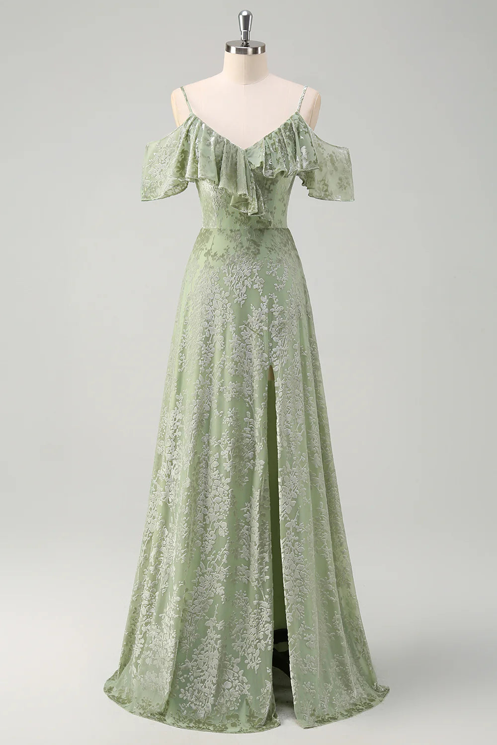 Dusty Sage A Line Cold Shoulder Burnout Velvet Jacquard Long Bridesmaid Dress with Slit