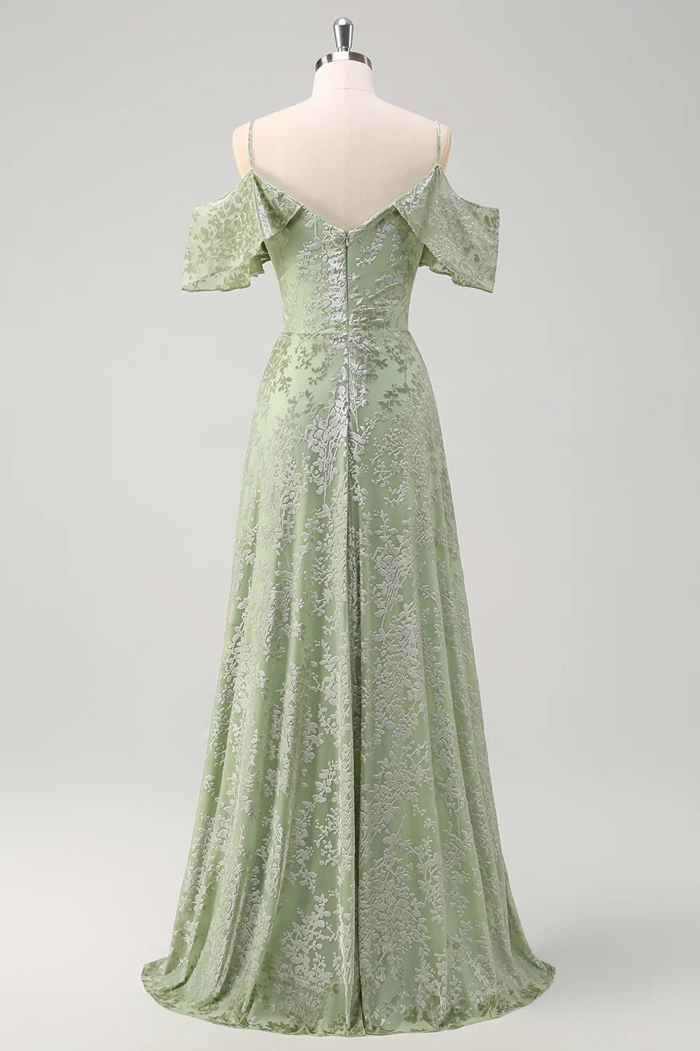 Dusty Sage A Line Cold Shoulder Burnout Velvet Jacquard Long Bridesmaid Dress with Slit