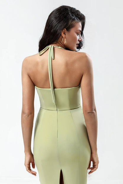 Dusty Sage Bodycon Halter Tea Length Bridesmaid Dress With Slit