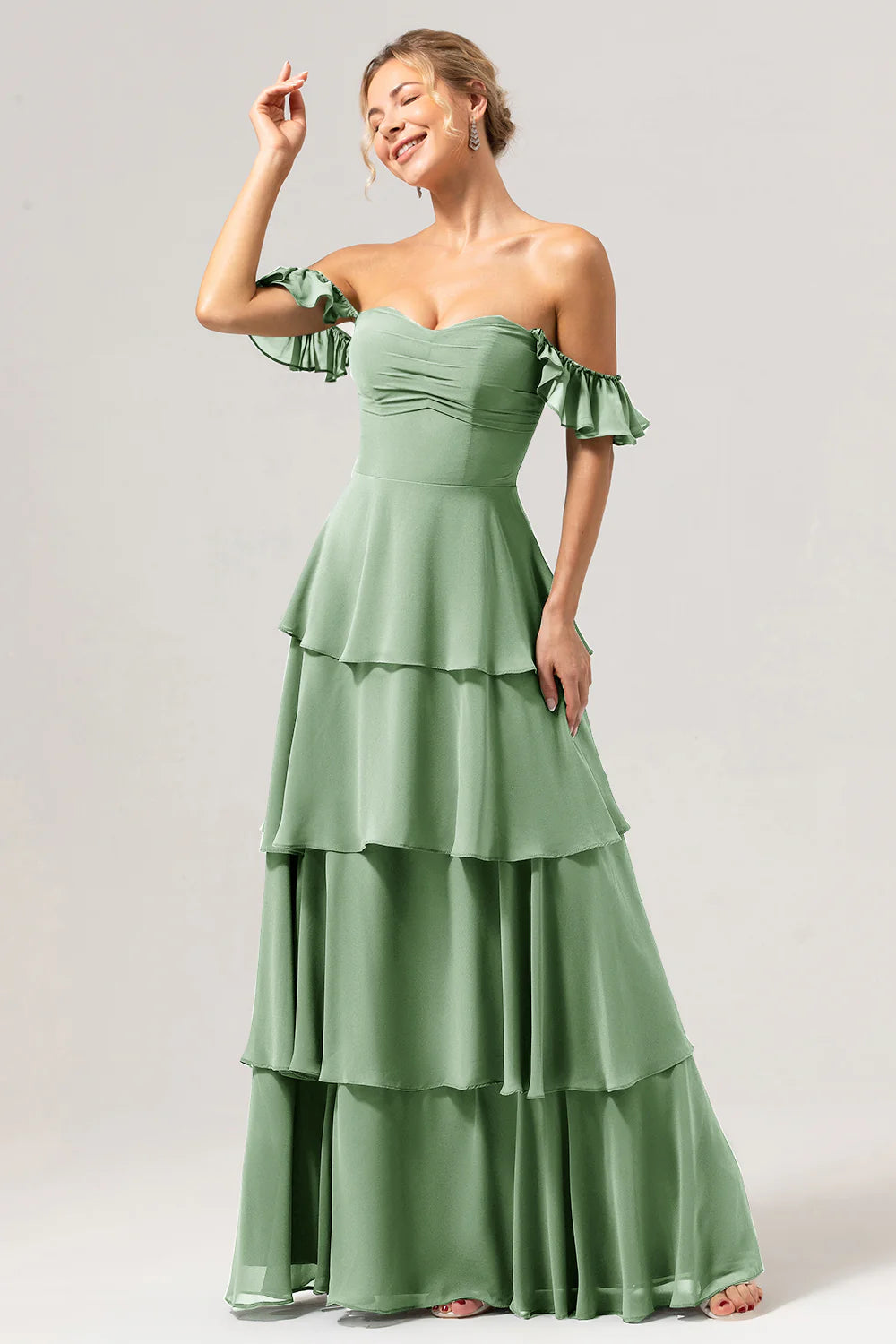 Eucalyptus A Line Off The Shoulder Tiered Long Bridesmaid Dress