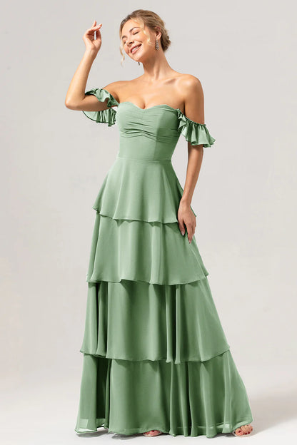 Eucalyptus A Line Off The Shoulder Tiered Long Bridesmaid Dress