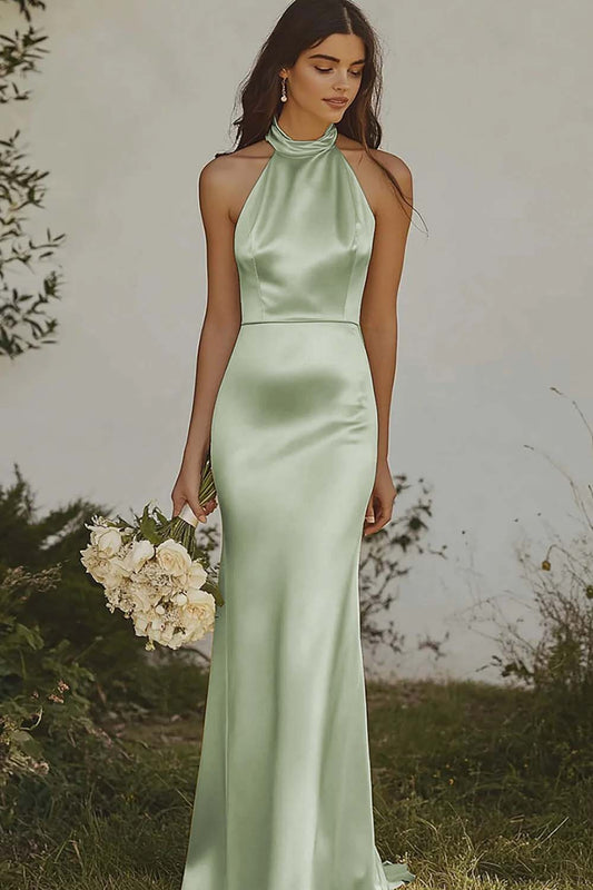 Hanging neck and exposed back mermaid suspender satin long dress