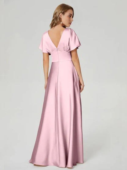 Elegant Burgundy V-neck Short Sleeves Satin Prom Dress  with Flutter Sleeves Deep and Flowy Skirt