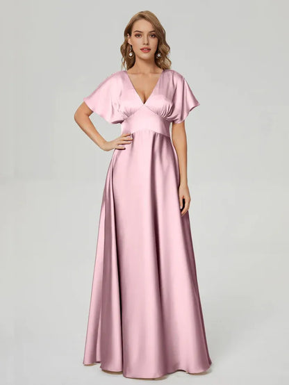 Elegant Burgundy V-neck Short Sleeves Satin Prom Dress  with Flutter Sleeves Deep and Flowy Skirt