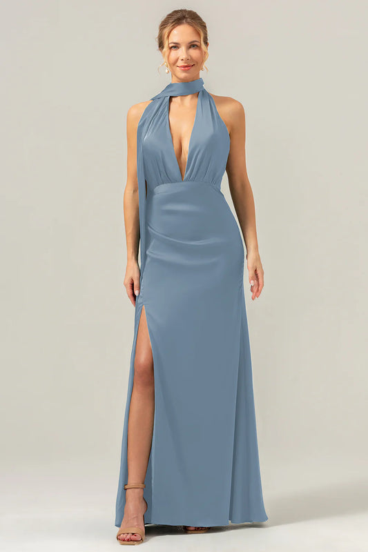 Deep V-neck backless long satin bridesmaid dress with tassels