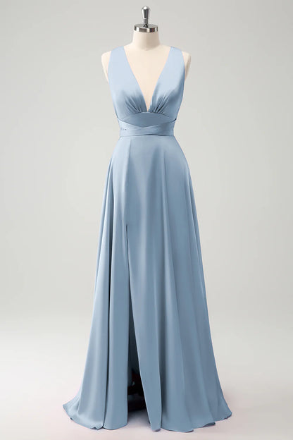 A-line deep V-neck backless strap long bridal dress