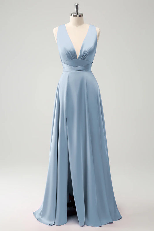 A-line deep V-neck backless strap long bridal dress