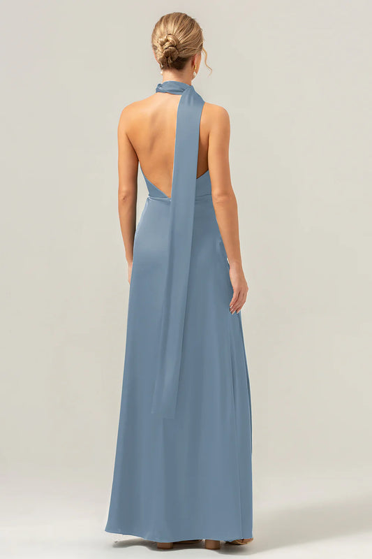 Deep V-neck backless long satin bridesmaid dress with tassels