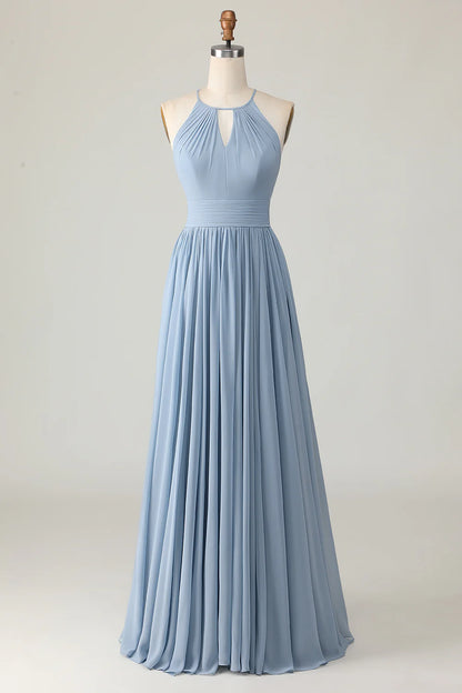 Dusty blue camisole pleated A-line keyhole chiffon dress