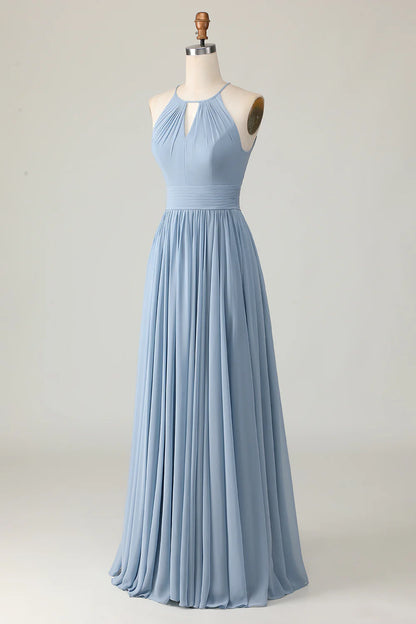 Dusty blue camisole pleated A-line keyhole chiffon dress