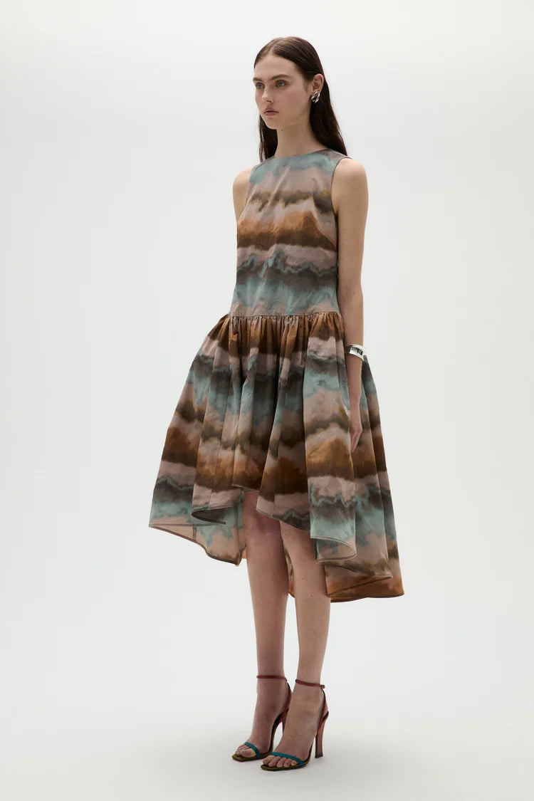 Earth Tone Tie Dye Sleeveless High Low Midi Evening Dresses