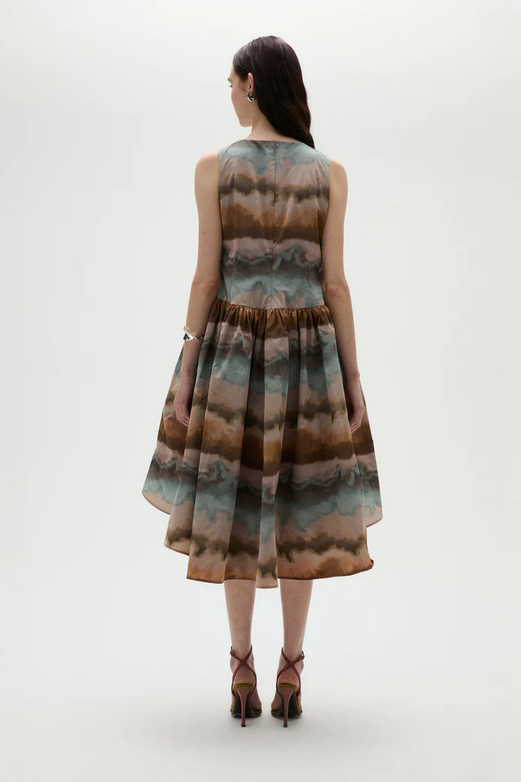 Earth Tone Tie Dye Sleeveless High Low Midi Evening Dresses